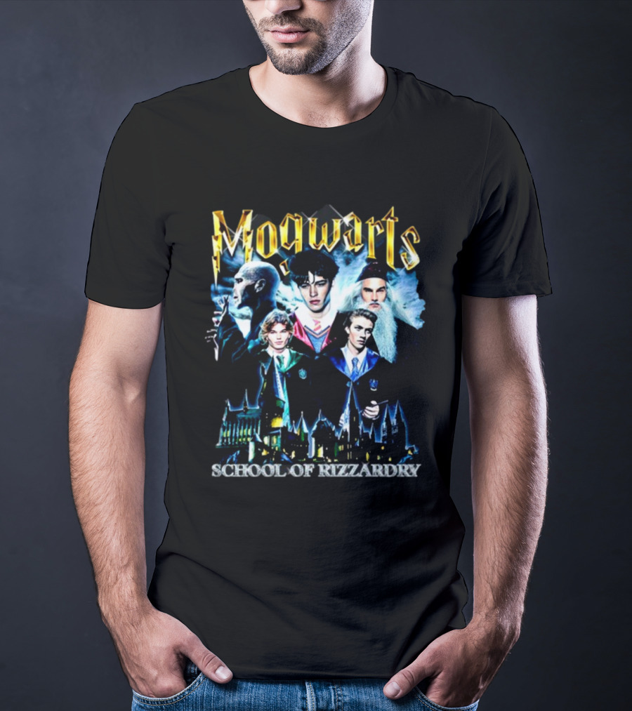 Mogwarts School Of Rizzardry Hogwarts Parody Featuring Iconic Wizard Figures And Castle T-Shirt