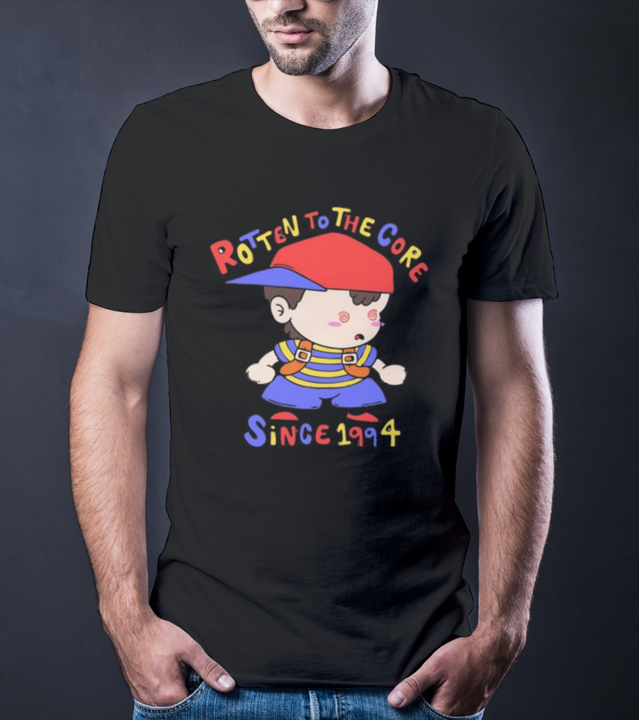Rotten To The Core Since 1994 Cartoon Character With Red Cap And Striped T-Shirt