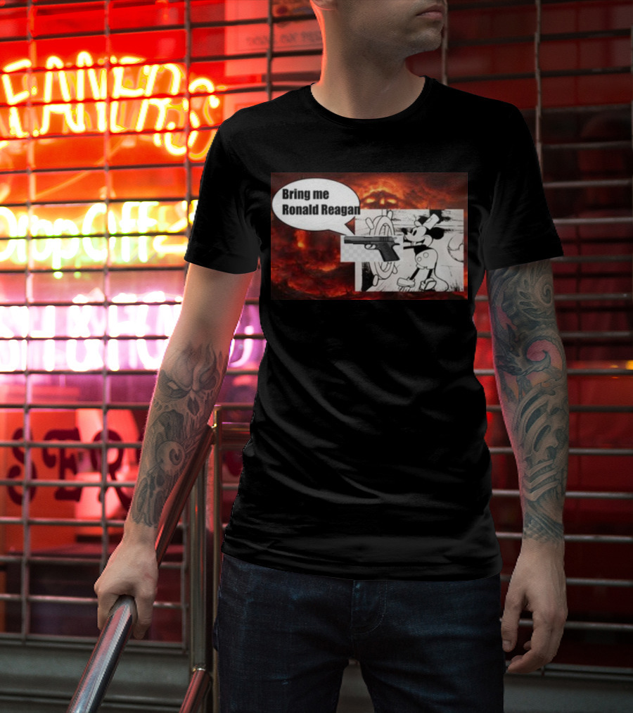 Bring Me Ronald Reagan Cartoon Character And Gun Over Fiery Background T-Shirt