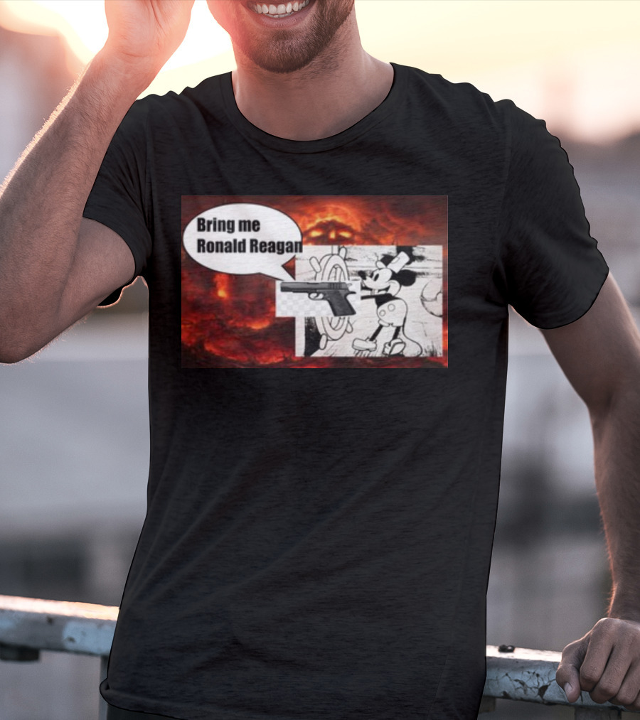 Bring Me Ronald Reagan Cartoon Character And Gun Over Fiery Background T-Shirt