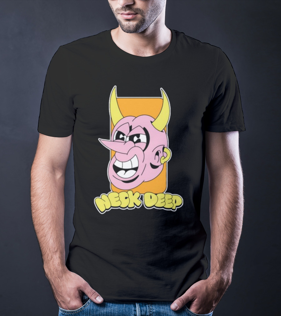NeckDeepUK Neck Deep Cartoon Devil Face Yellow Horns Pink Head T-Shirt