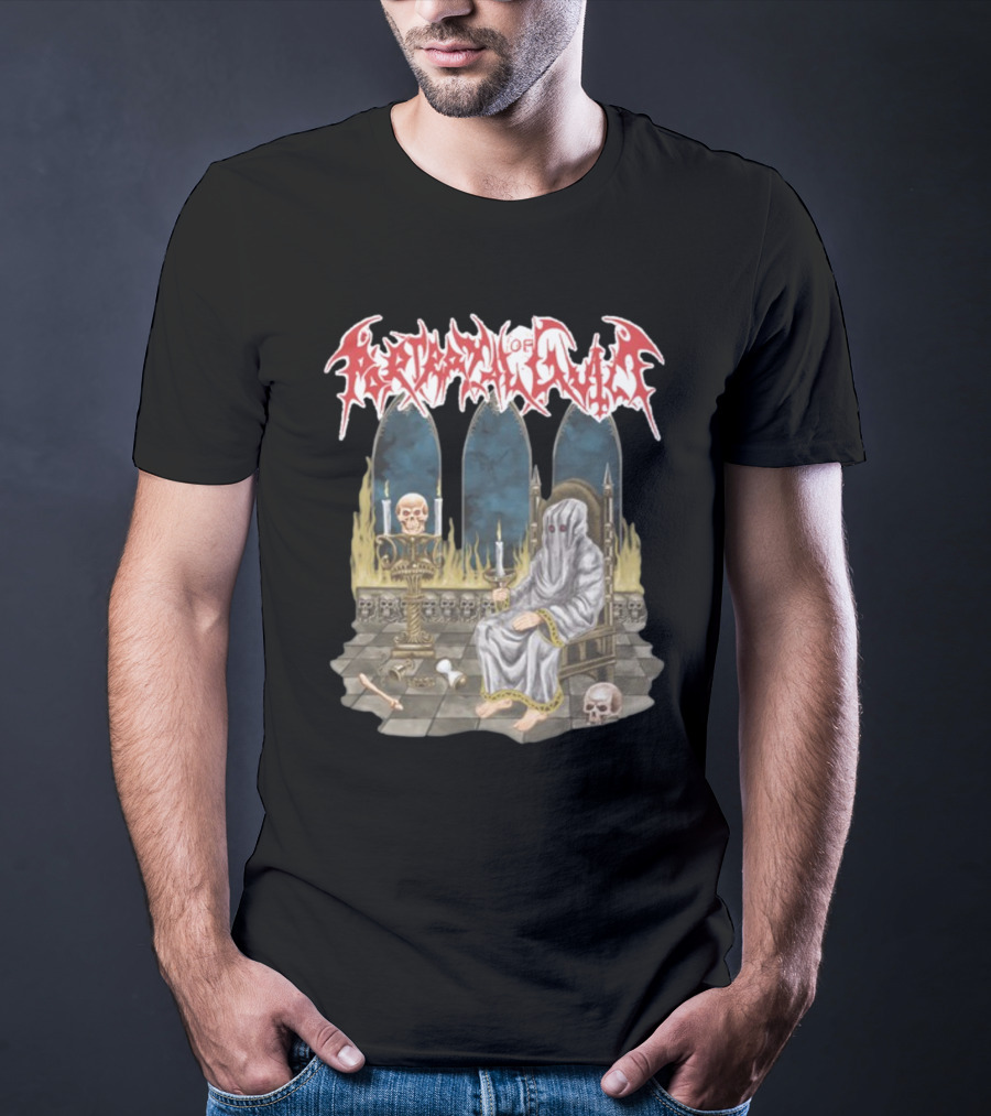 Portrayal Of Guilt Eyedust Cloaked Figure With Skull Throne And Candles T-Shirt