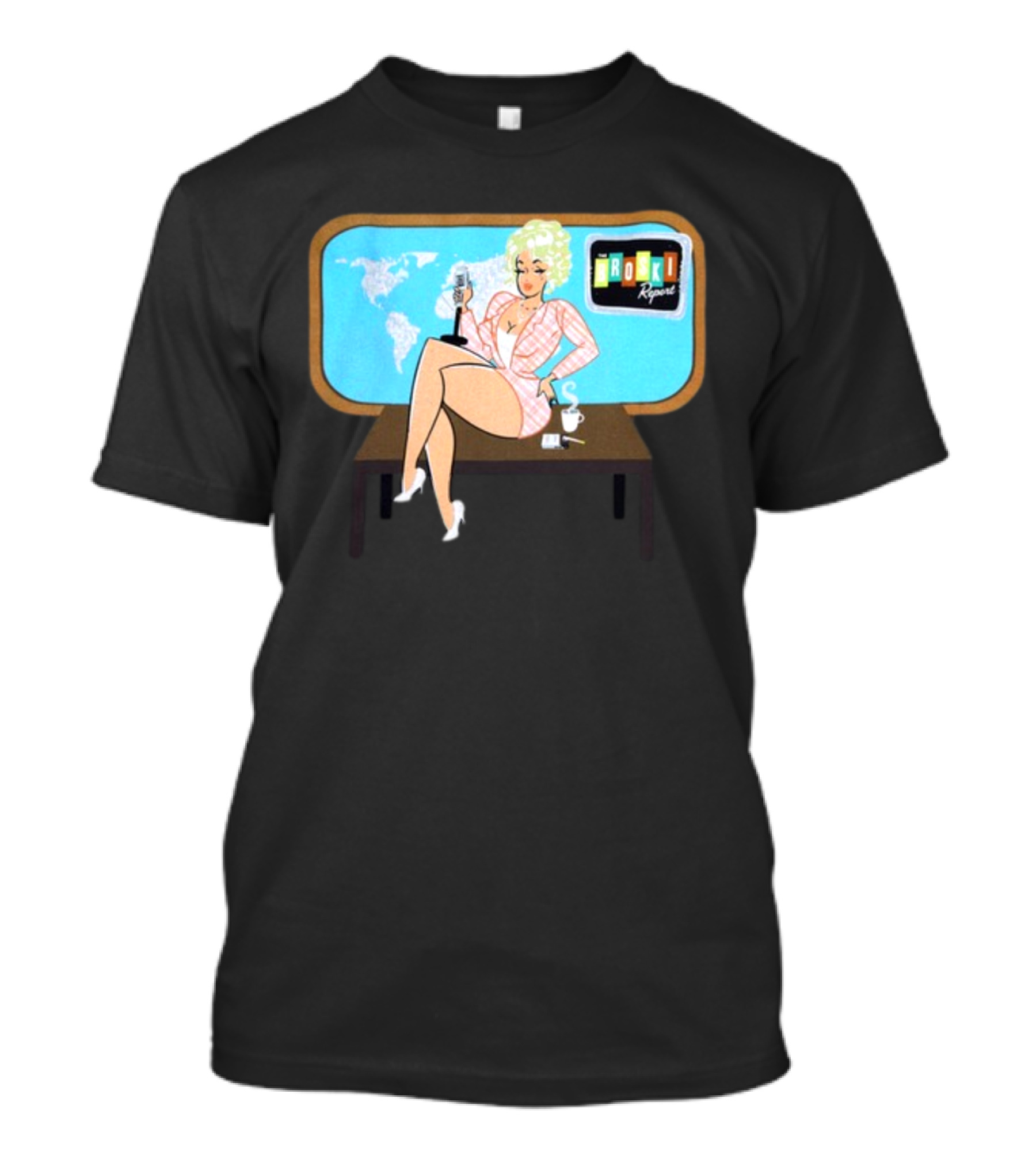 Broski Report News Blonde Host With Microphone And World Map T-Shirt