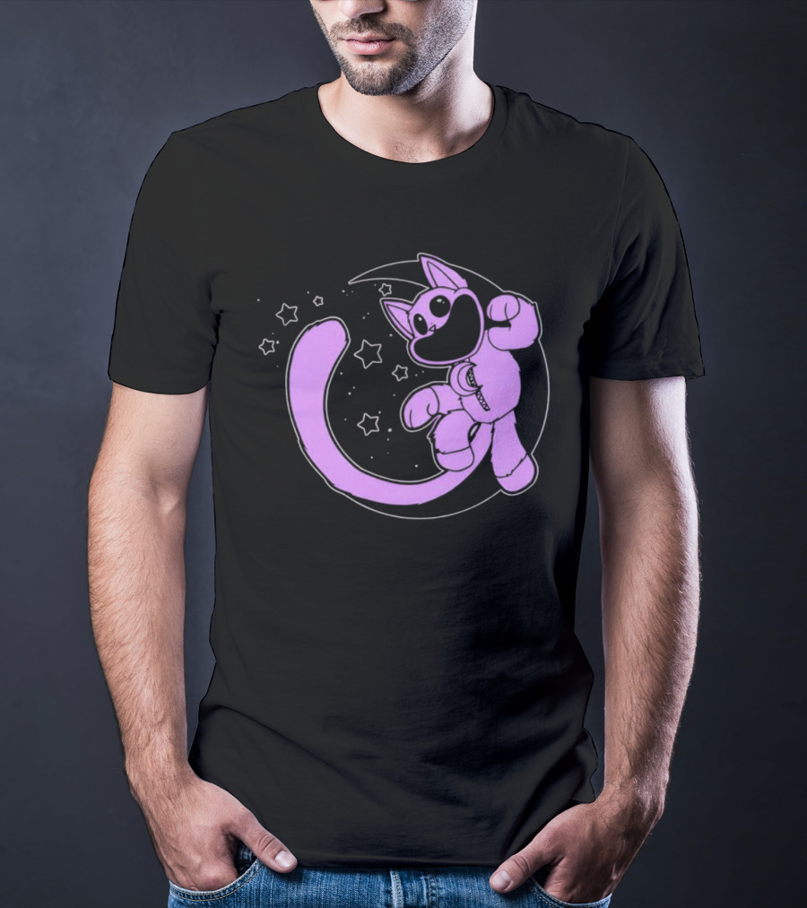 Purple Cartoon Cat With Stars And Moon T-Shirt
