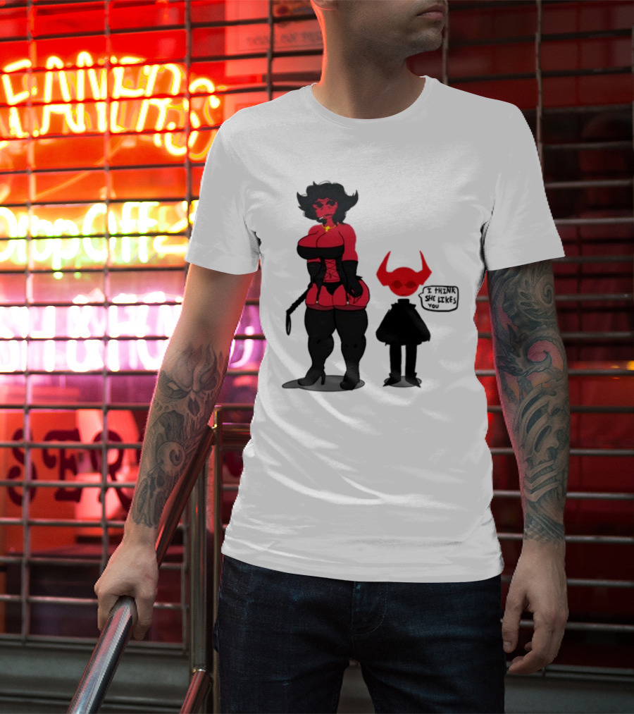 Thewboy Red Character With Devil Horns I Think She Likes You T-Shirt