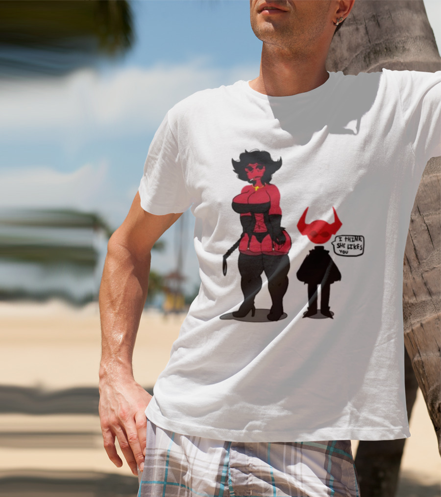 Thewboy Red Character With Devil Horns I Think She Likes You T-Shirt