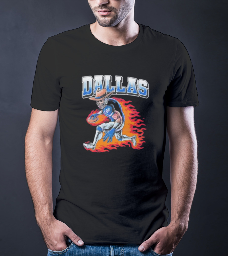 Dallas Cowboy Football Skeleton Player In Flames T-Shirt