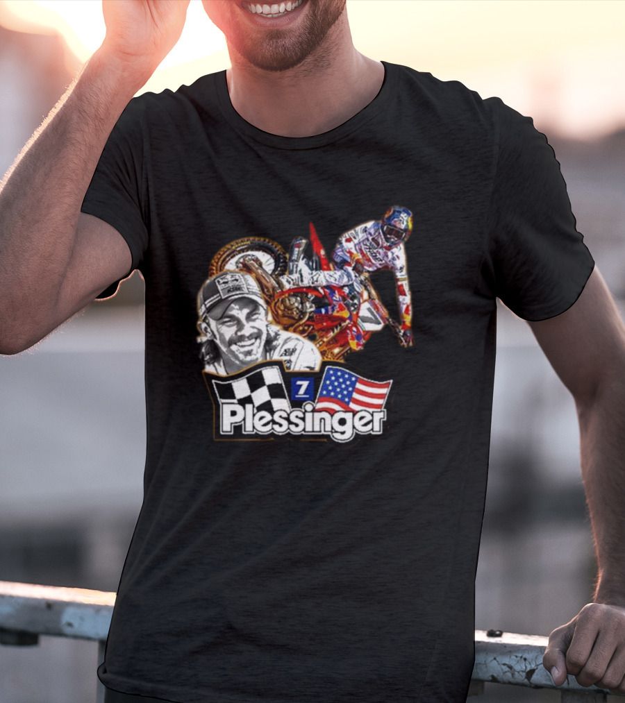 Plessinger American Motocross Racer With Flags And Checkered T-Shirt