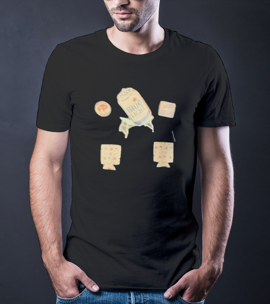 Buffalo Bills Blue Light Beer Can And Logo Elements T-Shirt