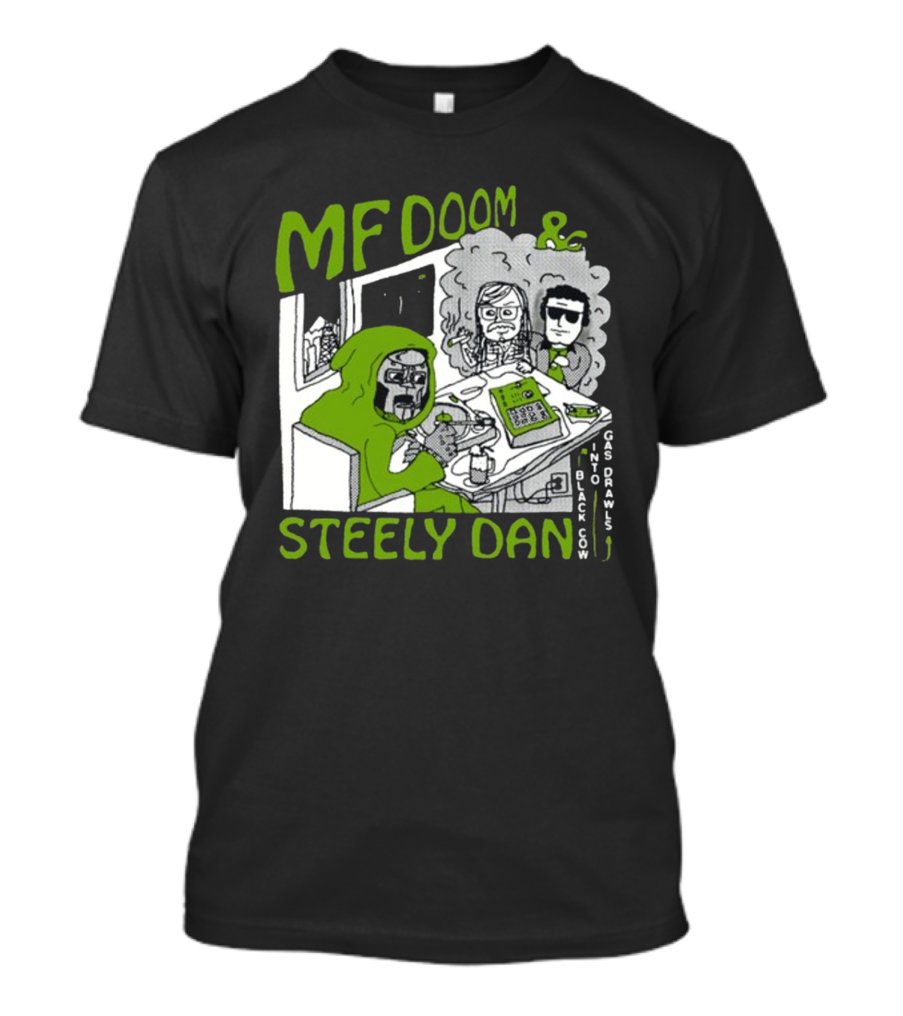 MF Doom And Steely Dan Black Cow Into Gas Drawls Comic Style Scene T-Shirt