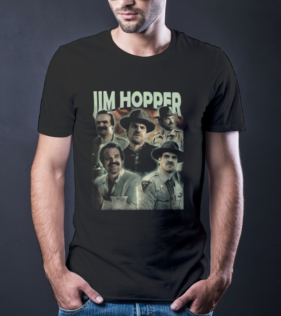 Jim Hopper Vintage Frtingglitter Nostalgic Character Montage T-Shirt