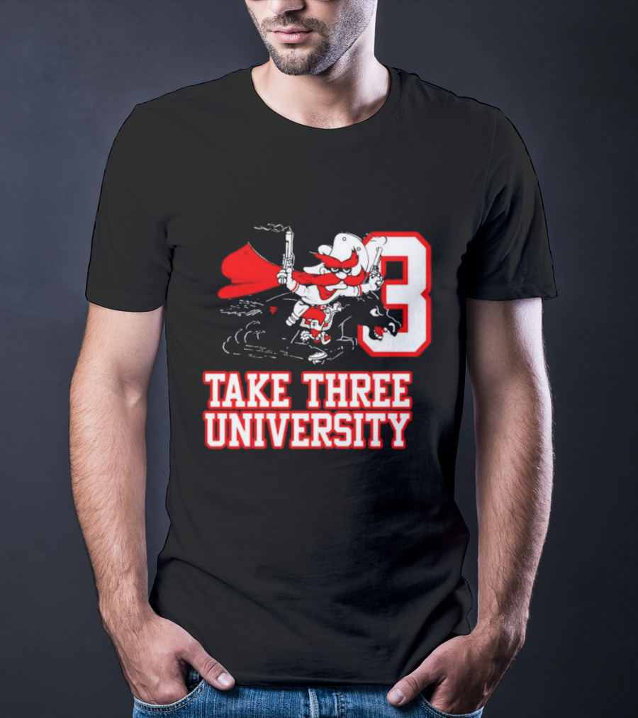 Take Three University Cowboy Mascot With Dual Pistols Number 3 T-Shirt