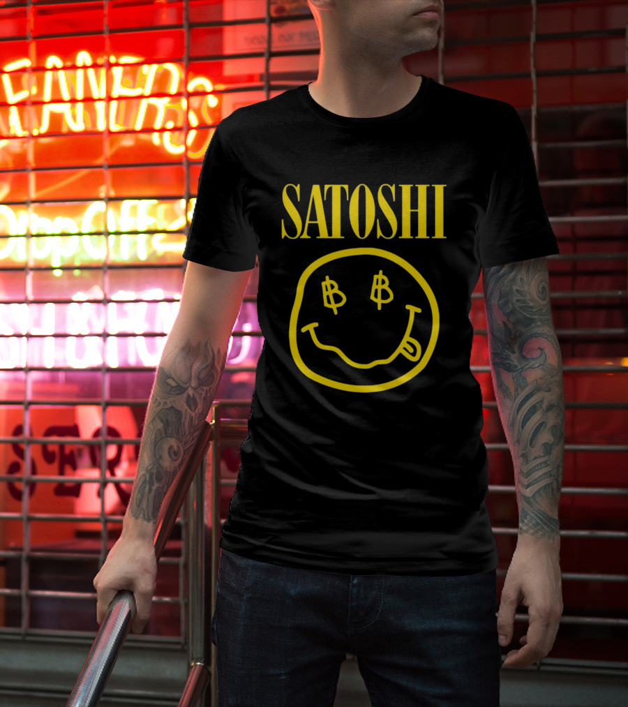 SATOSHI Smiley Face With Bitcoin Symbols T-Shirt
