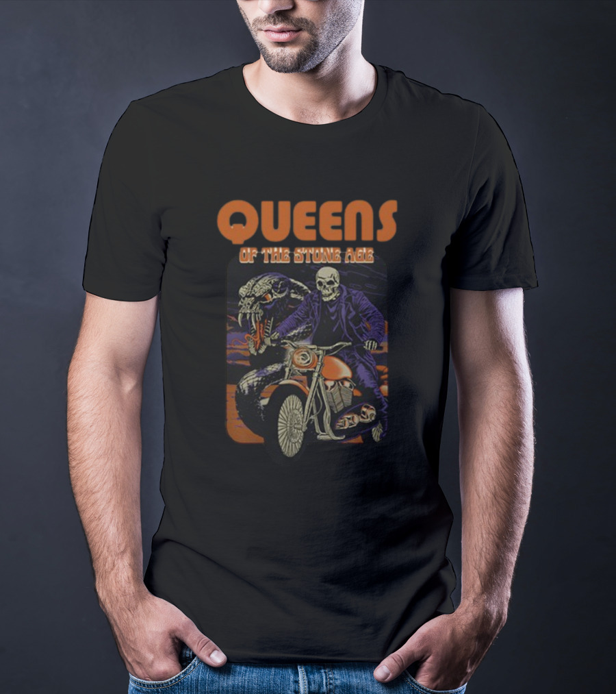 Queens Of The Stone Age Skeleton Biker With Snake Background T-Shirt