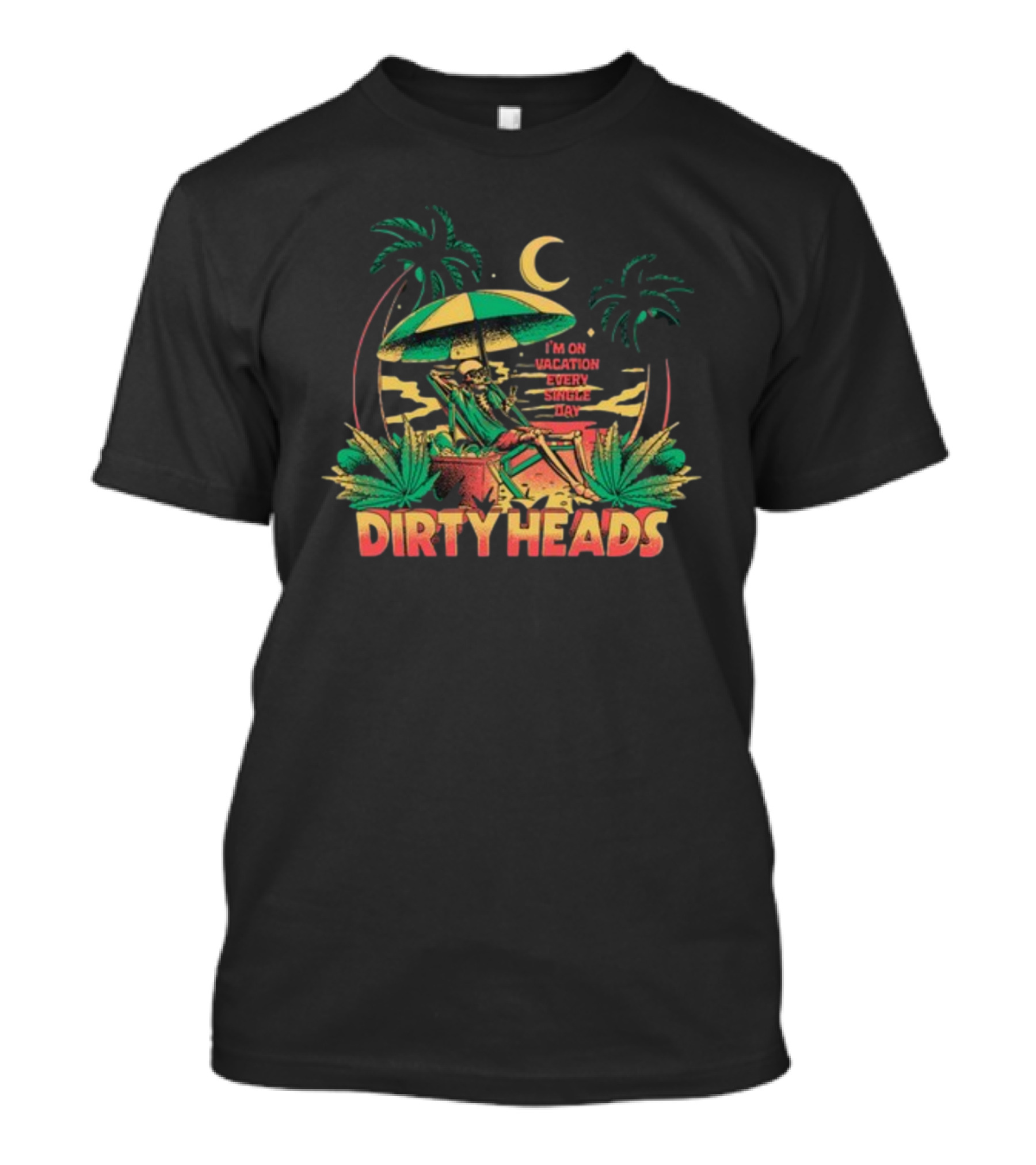 Dirty Heads I'm On Vacation Every Single Day 4-20 Tropical Skeleton Palm Trees Moon T-Shirt