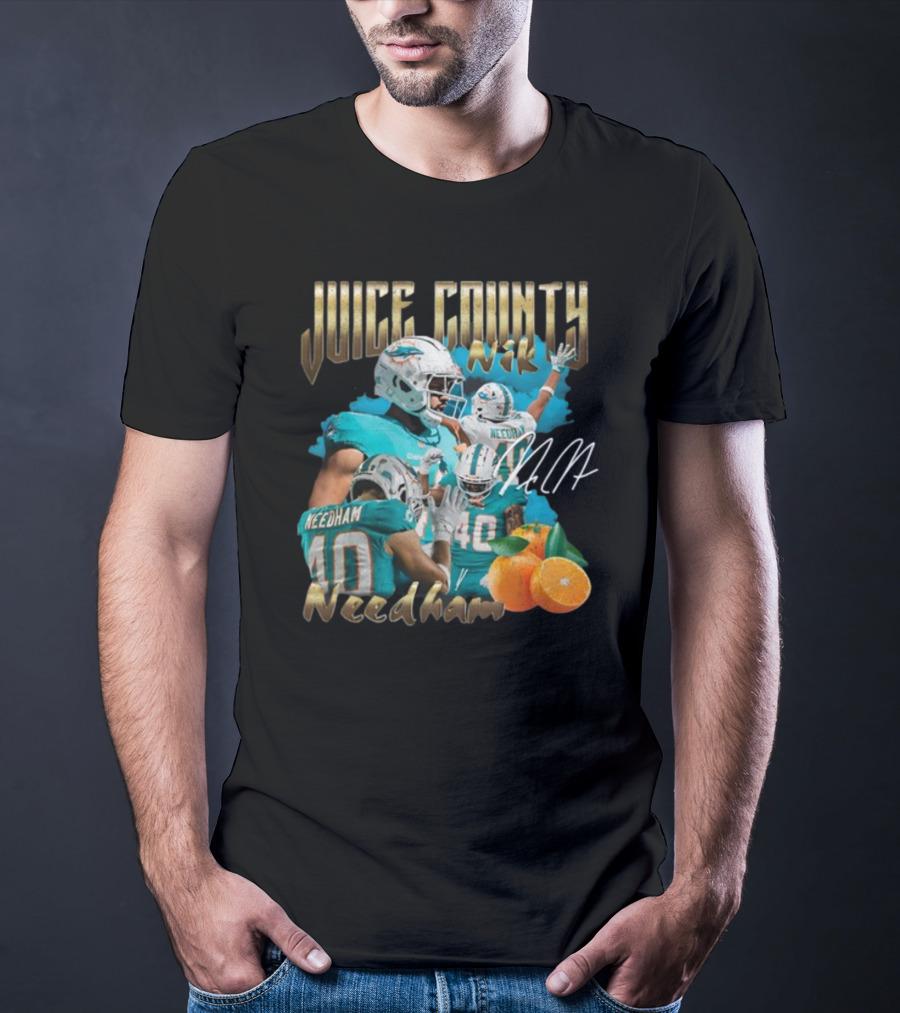 Clincboyzclothing Juice County Nik Needham Dolphins Football Player Signature Oranges T-Shirt
