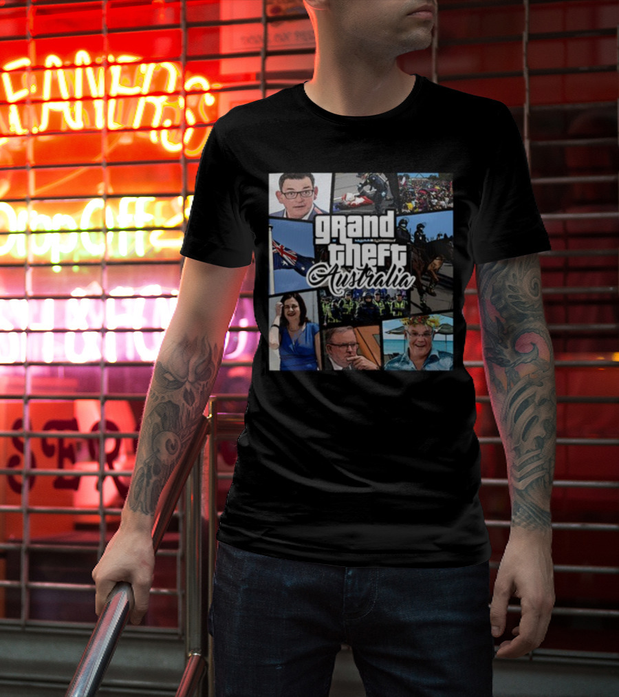 Grand Theft Australia Aussiebotstudio Political And Cultural Satire Collage T-Shirt