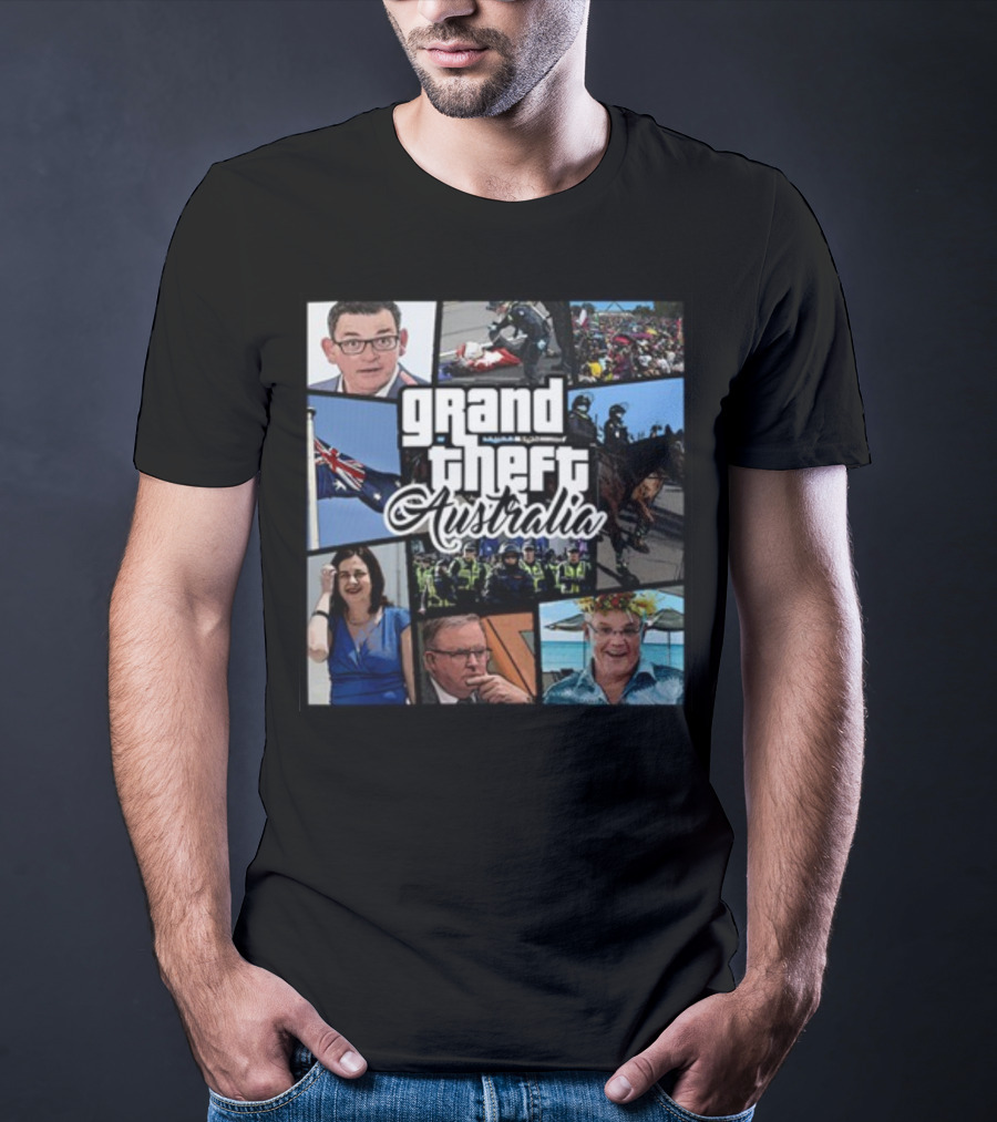 Grand Theft Australia Aussiebotstudio Political And Cultural Satire Collage T-Shirt