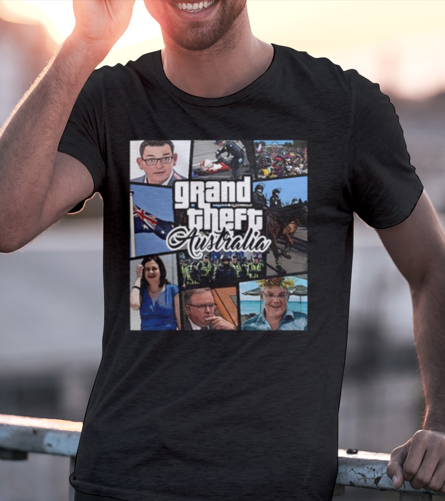 Grand Theft Australia Aussiebotstudio Political And Cultural Satire Collage T-Shirt