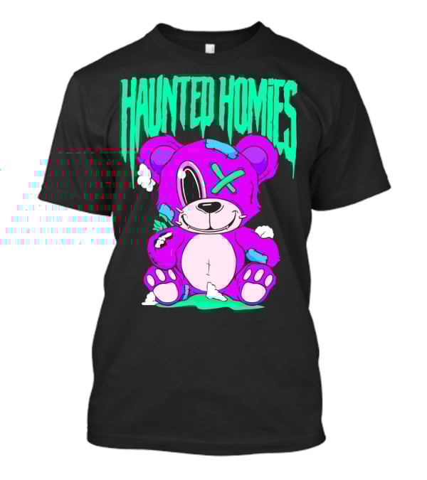 HAUNTED HOMIES Purple Teddy Bear Crossed Eye Patchwork T-Shirt