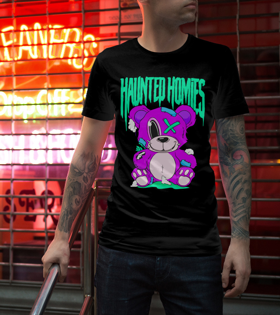 HAUNTED HOMIES Purple Teddy Bear Crossed Eye Patchwork T-Shirt