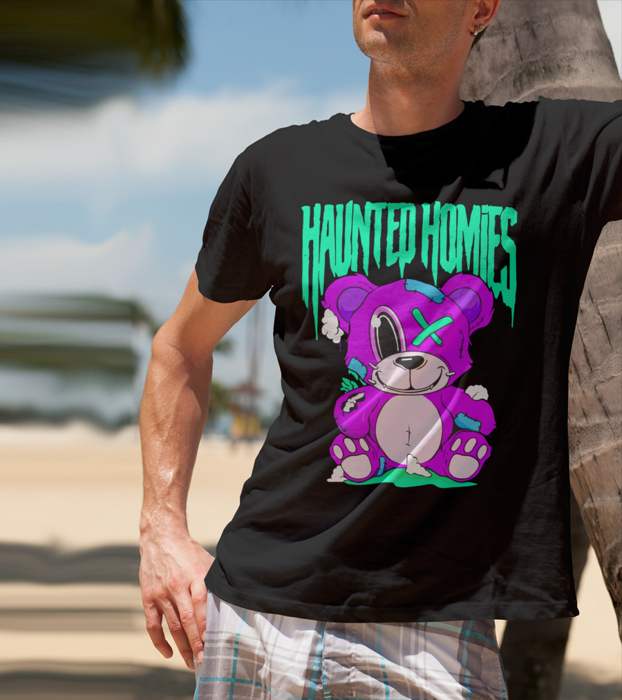 HAUNTED HOMIES Purple Teddy Bear Crossed Eye Patchwork T-Shirt