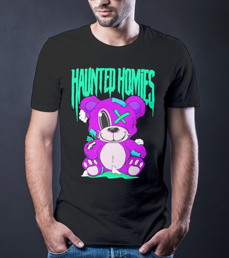 HAUNTED HOMIES Purple Teddy Bear Crossed Eye Patchwork T-Shirt