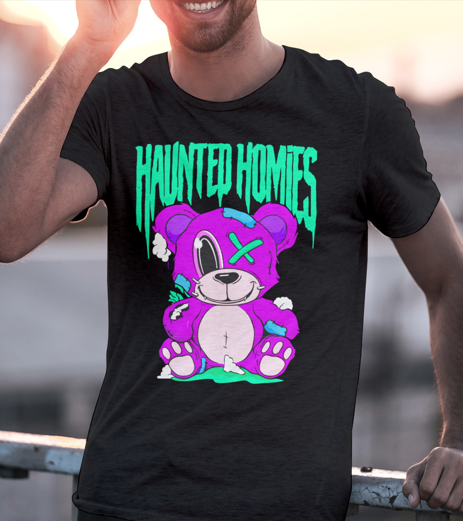 HAUNTED HOMIES Purple Teddy Bear Crossed Eye Patchwork T-Shirt
