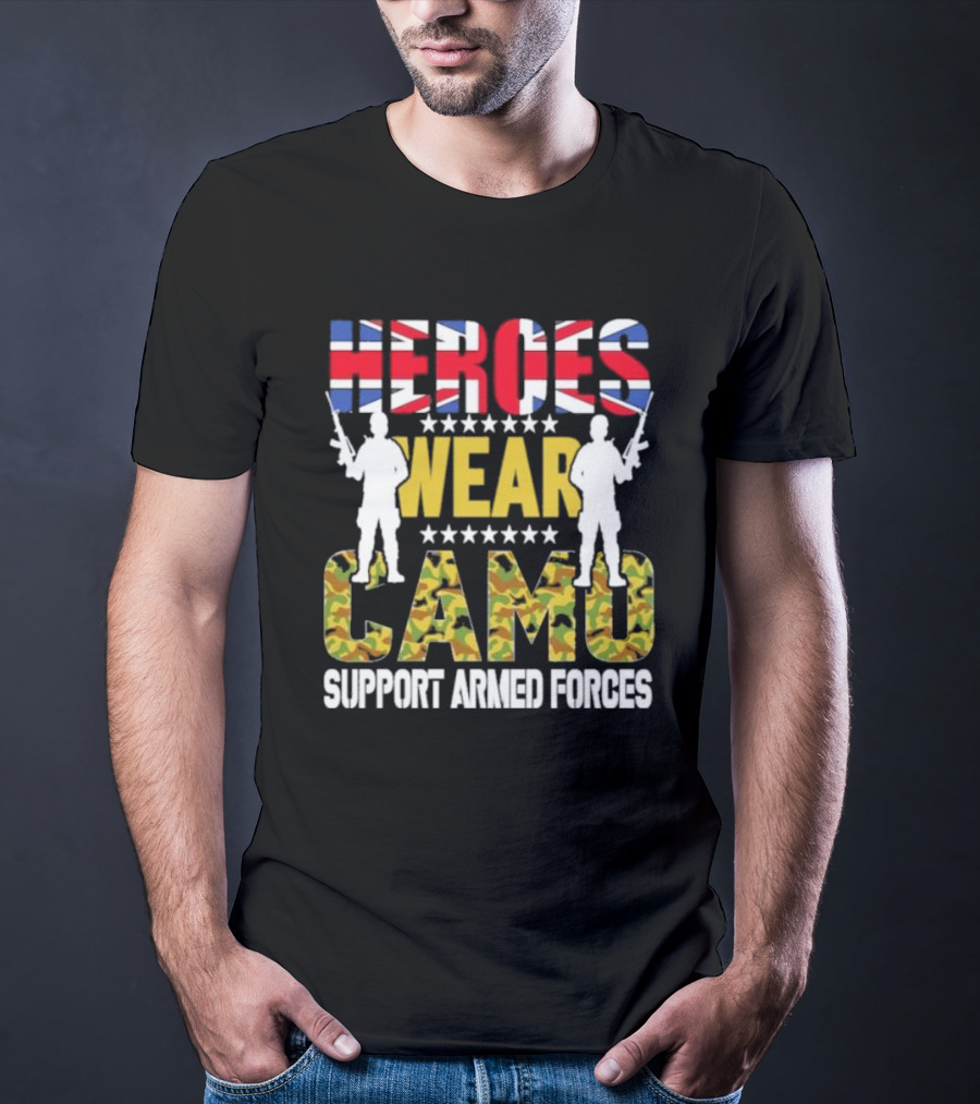 Heroes Wear Camo Support Armed Forces UK Flag T-Shirt
