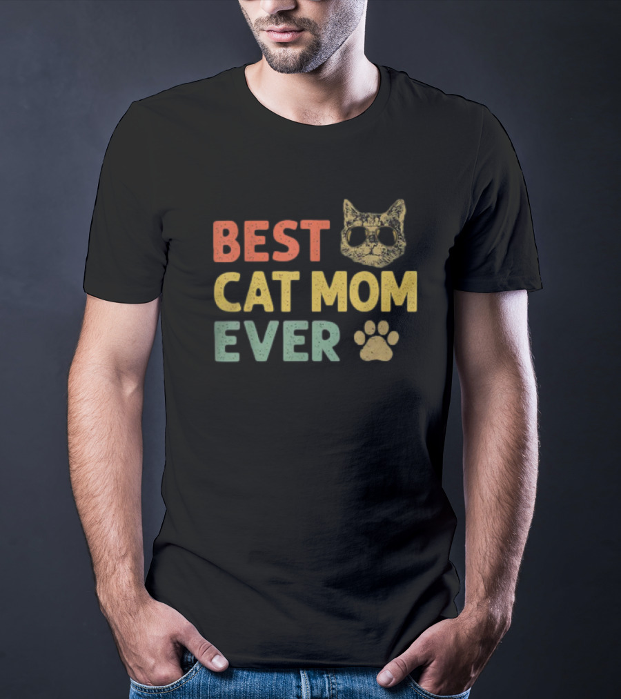 Best Cat Mom Ever Vintage Cat With Sunglasses And Paw Prints T-Shirt