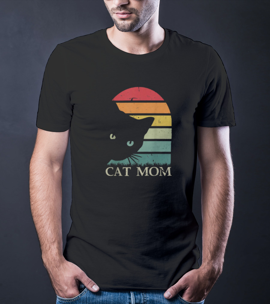 Vintage Cat Mom For Women Funny Cat Mom Mother Retro Sunset Cat T-Shirt