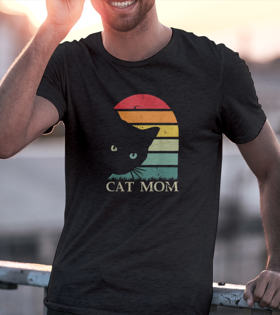 Vintage Cat Mom For Women Funny Cat Mom Mother Retro Sunset Cat T-Shirt