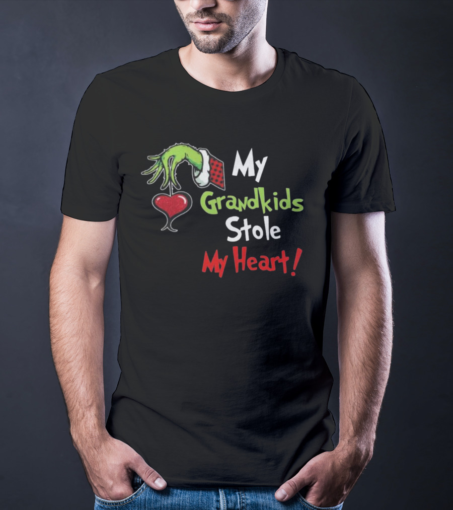 Grinch Green Monster Christmas My Grandkids Stole My Heart Kids Textured Sleeves T-Shirt