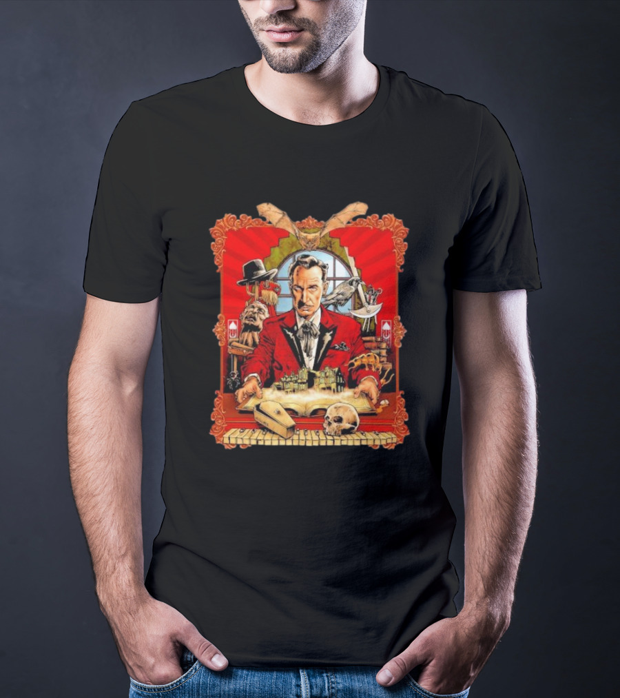Vincent Price Red Suit Macabre Collection With Bats, Skulls, And Haunted Mansion T-Shirt