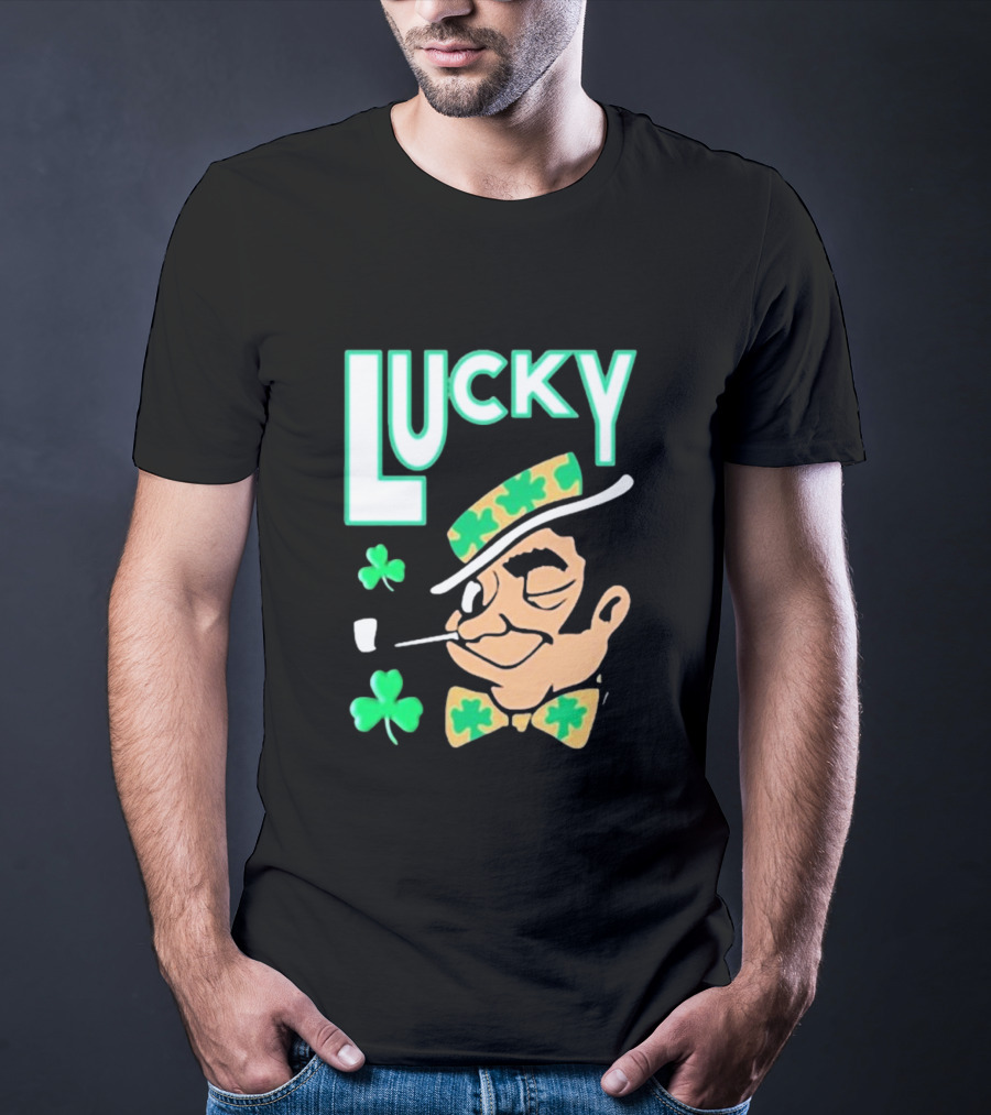 Boston Celtics Lucky The Leprechaun Shamrock Winking Pipe T-Shirt
