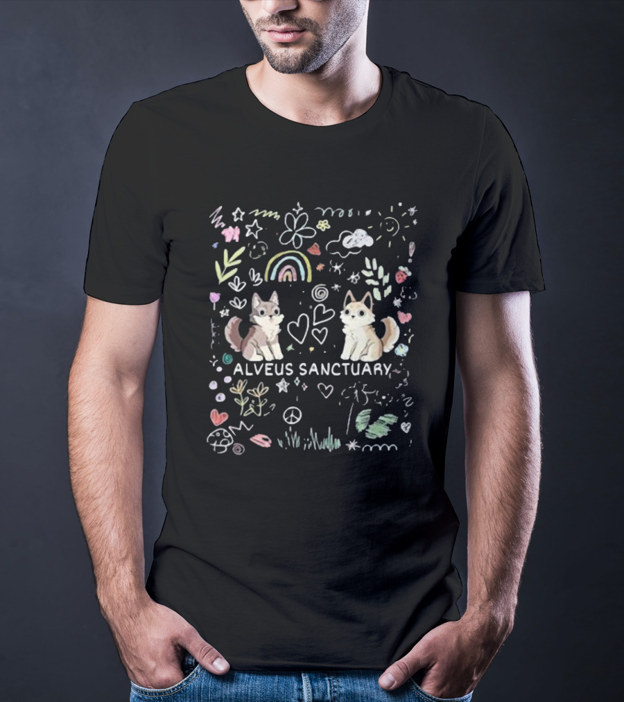Alveus Sanctuary Wolf Doodle Rainbow Hearts Peace Signs Clouds Stars T-Shirt