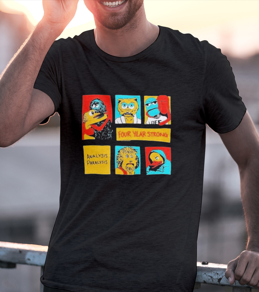 Four Year Strong Analysis Paralysis Characters In Colorful Panels T-Shirt