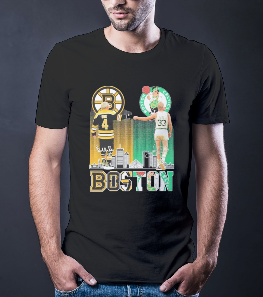 Bobby Orr Boston Bruins Larry Bird Boston Celtics Skyline Signatures Logos And Boston Text T-Shirt
