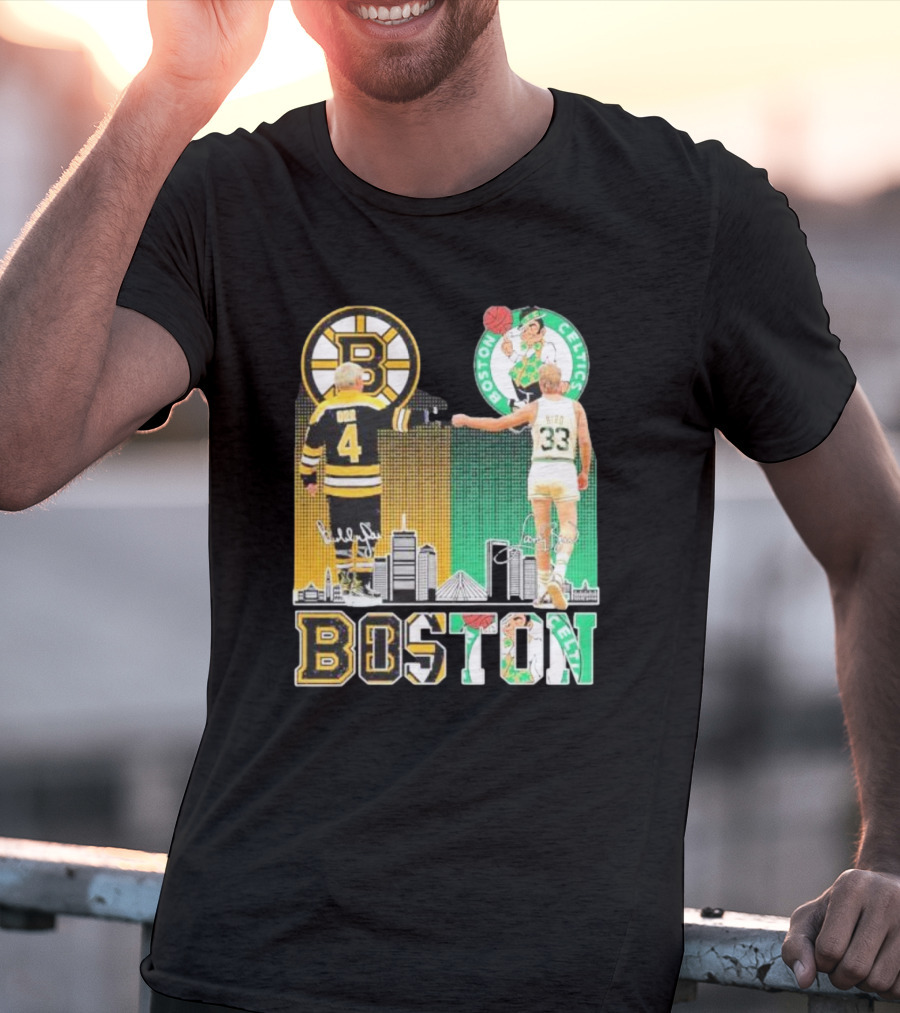 Bobby Orr Boston Bruins Larry Bird Boston Celtics Skyline Signatures Logos And Boston Text T-Shirt