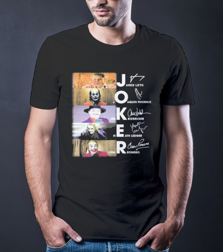 Joker Jared Leto Joaquin Phoenix Jack Nicholson Heath Ledger Cesar Romero Signatures DC Comics Movies All Stars Eras T-Shirt
