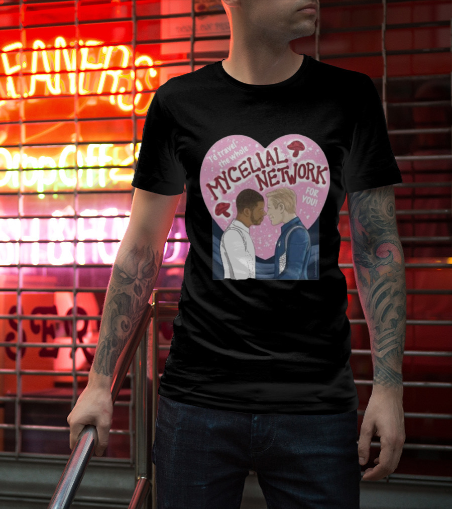 I’d Travel The Whole Mycelial Network For You Tender Moment Pink Heart Mushrooms T-Shirt