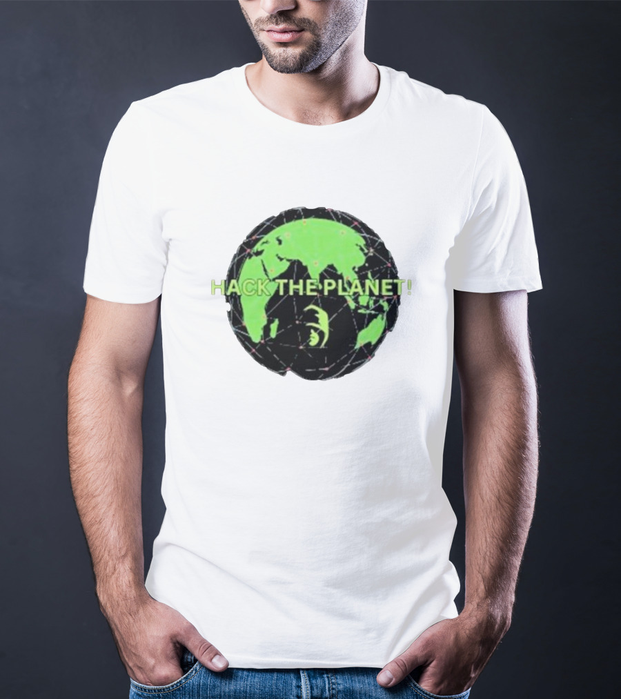 Hack The Planet Green And Black Globe Motif T-Shirt