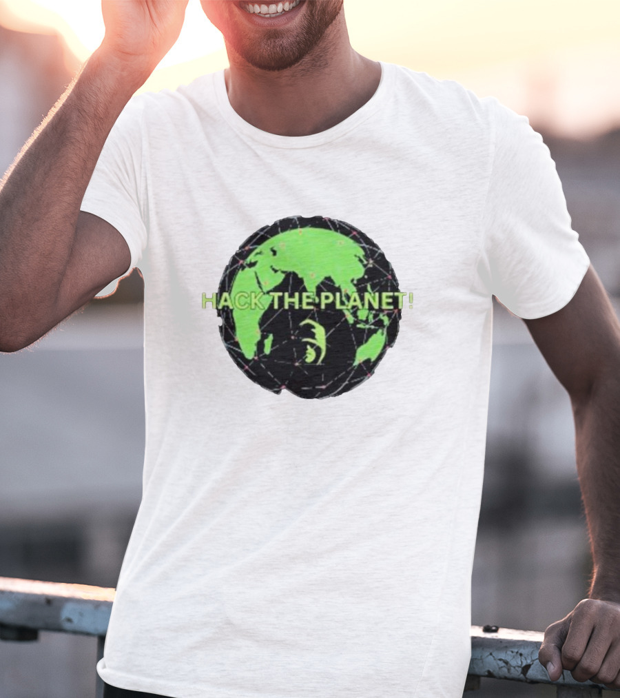 Hack The Planet Green And Black Globe Motif T-Shirt