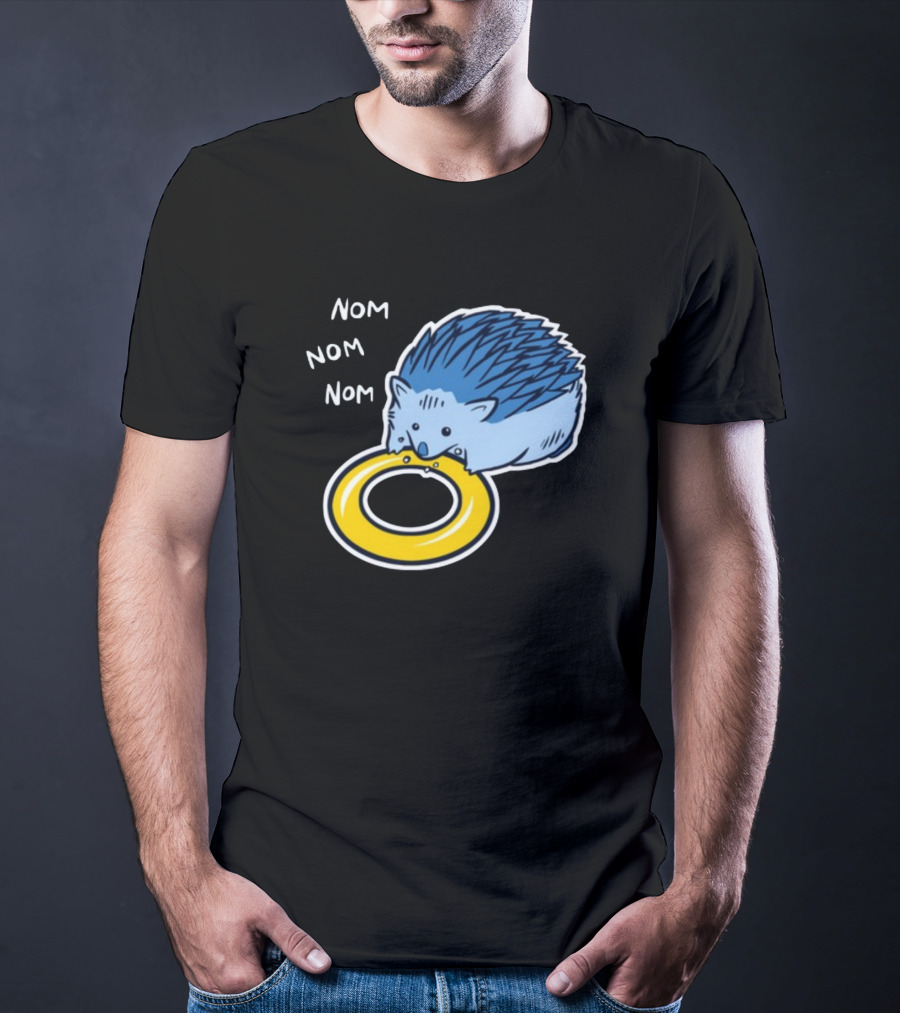 Sam Logan Hungry Blue Hedgehog Nom Nom Nom Eating Yellow Ring T-Shirt