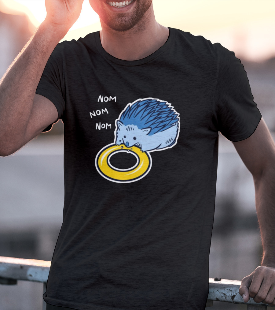 Sam Logan Hungry Blue Hedgehog Nom Nom Nom Eating Yellow Ring T-Shirt