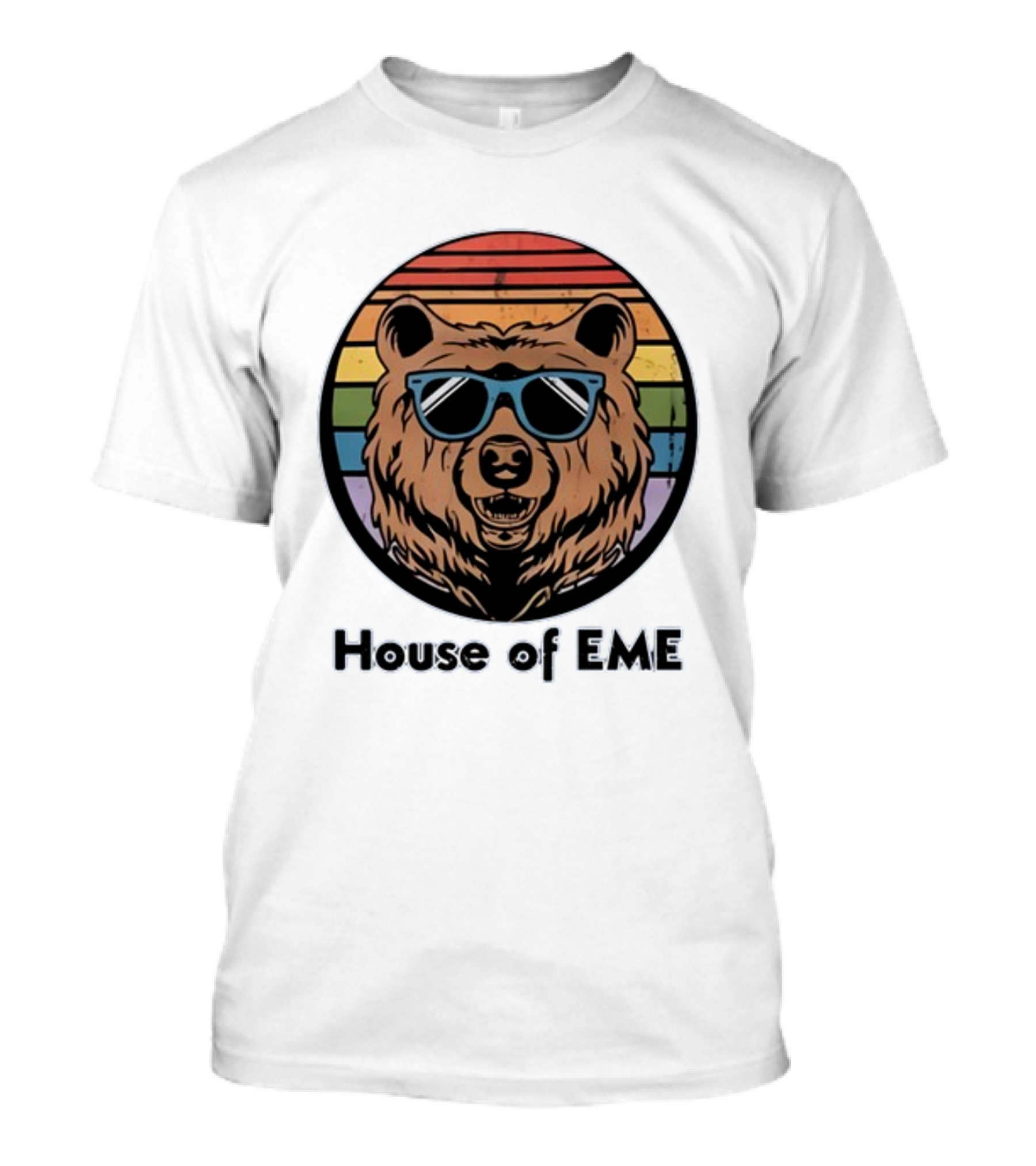 Migs Santillan House Of EME Bear Logo Sunglasses Rainbow Background T-Shirt