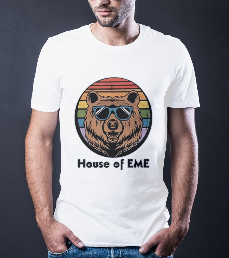 Migs Santillan House Of EME Bear Logo Sunglasses Rainbow Background T-Shirt