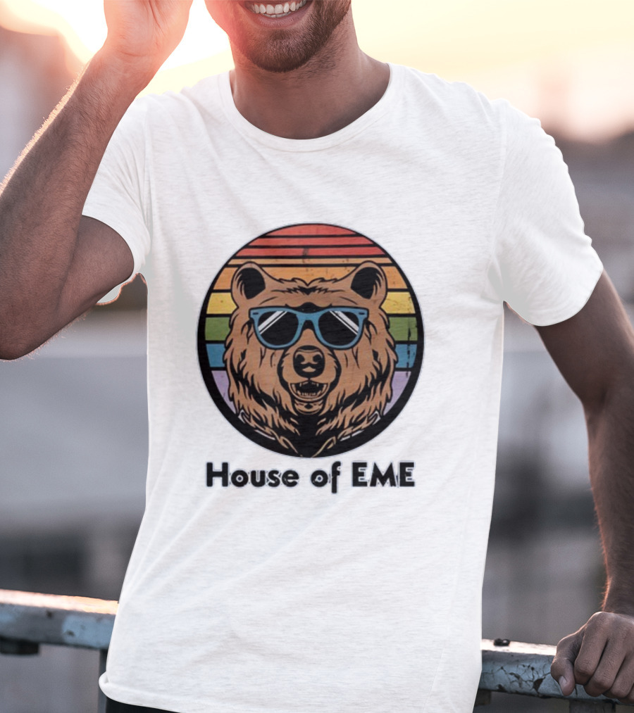 Migs Santillan House Of EME Bear Logo Sunglasses Rainbow Background T-Shirt