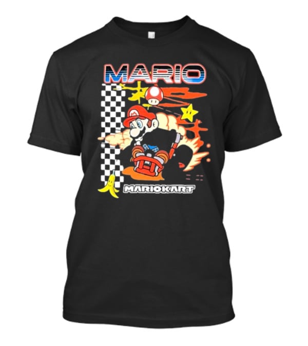 Mario Kart Racing Finish Line Checkered Flag Banana Stars T-Shirt