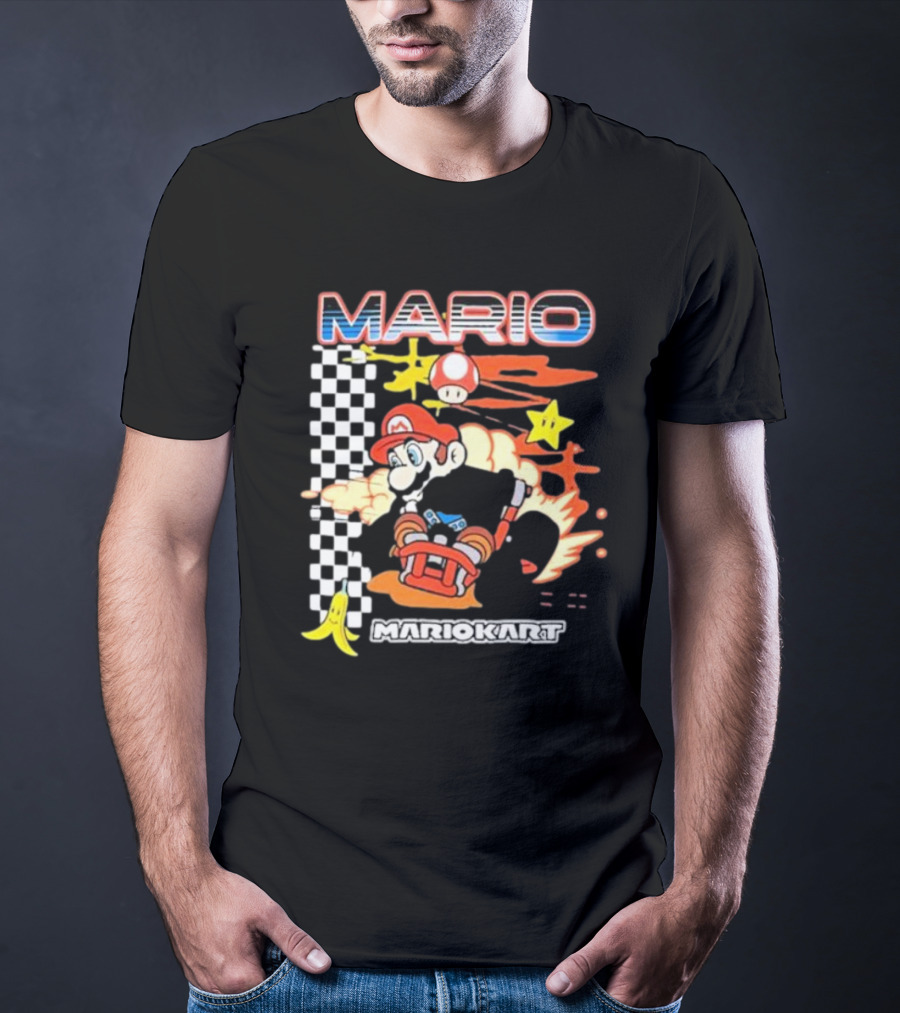 Mario Kart Racing Finish Line Checkered Flag Banana Stars T-Shirt